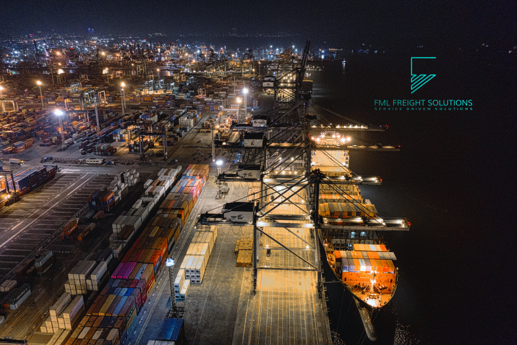 Container Terminal at night lights with logo